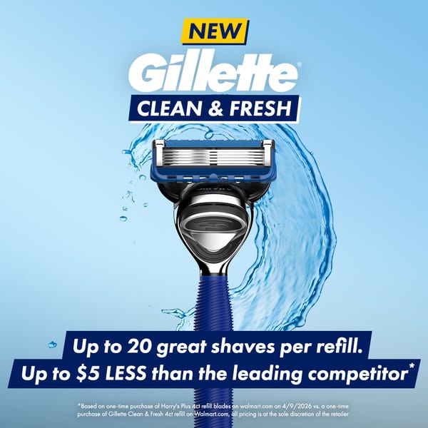 This ad for Gillette razors promotes their Clean & Fresh line. It highlights the cost savings and the number of shav